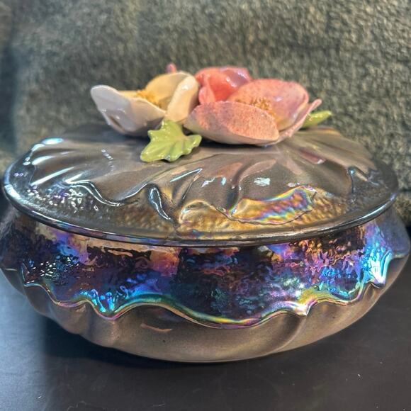 Black Luster Covered Bowl with Ceramic Flowers on Top MCM - Picture 4 of 8